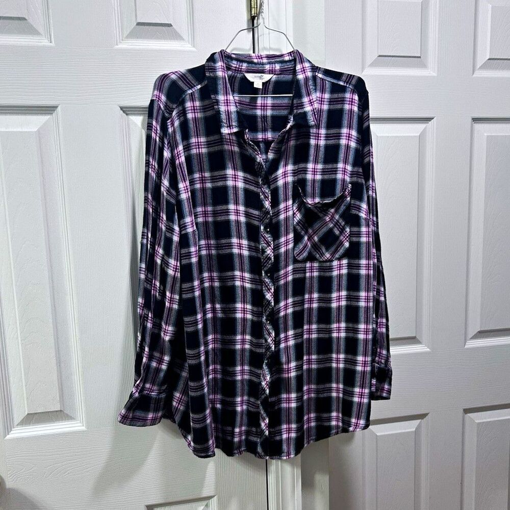 Terra & Sky 2X Black Purple White Plaid Flannel Button Up Shirt Pockets LS